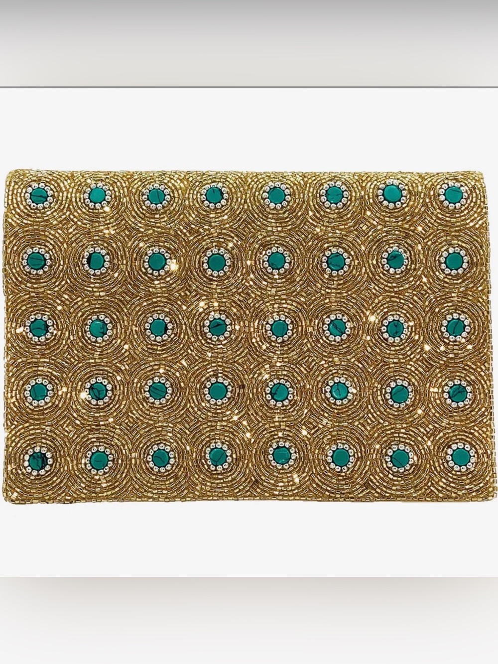 Gold Beaded Clutch with Teal Accent - Women Bags